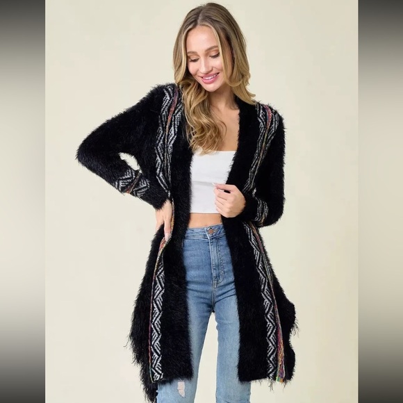 Aztec Print Long Sleeve Cotton Long Sleeves  Fringe Cardigan Bohemian Size S - Picture 8 of 11